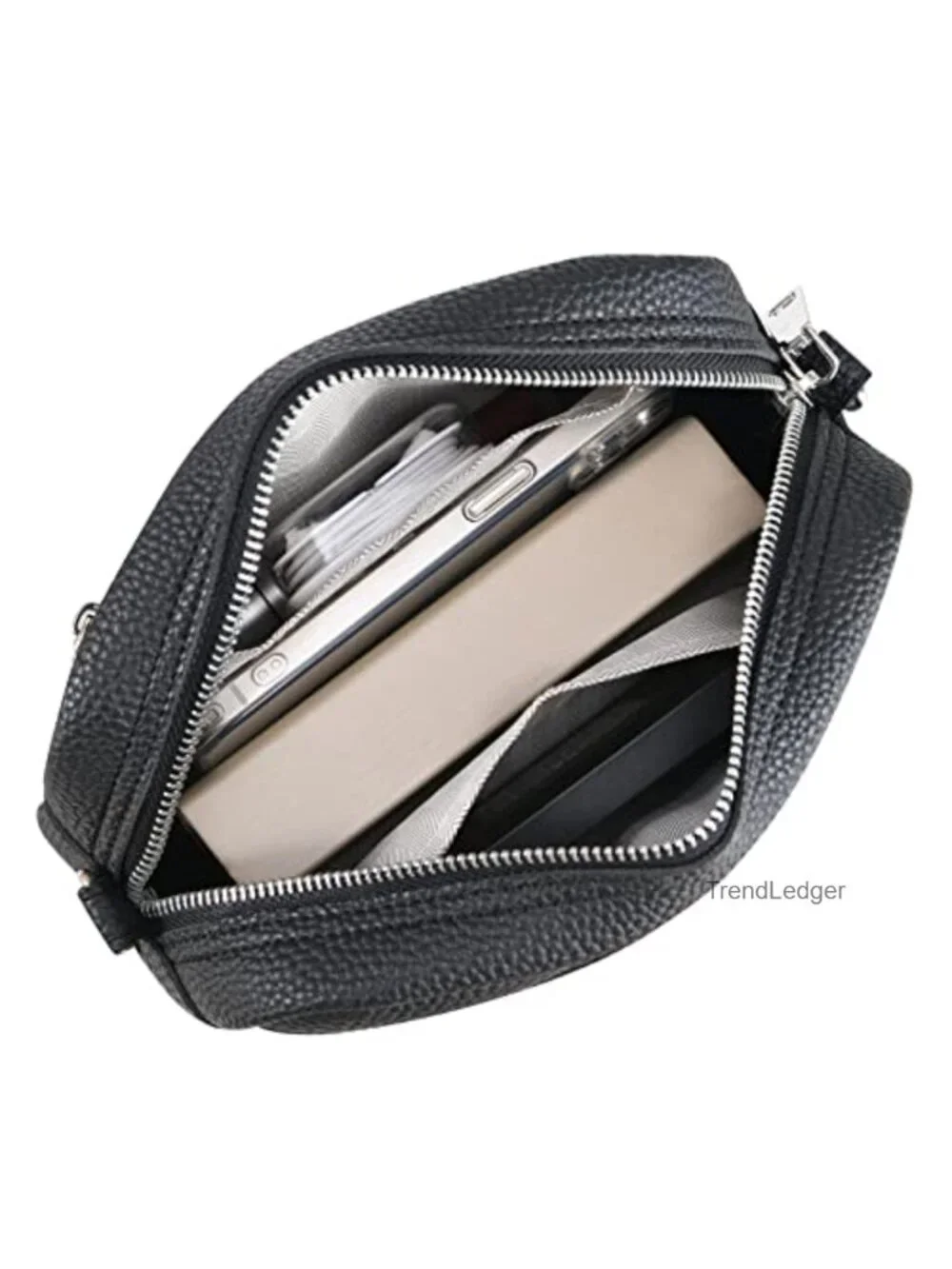 Camera Crossbody Bag Pebbled Leather Wide Striped Strap Zip